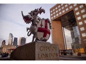 A statue of a dragon marking the boundary of the City of London, UK. Photographer: Jason Alden/Bloomberg