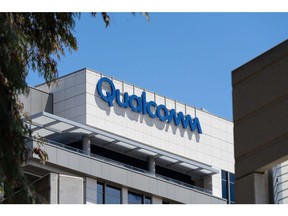 Signage at Qualcomm headquarters in the Sorrento Valley neighborhood of San Diego, California, U.S., on Tuesday, April 27, 2021. Qualcomm Inc. is expected to release earnings figures on April 28.