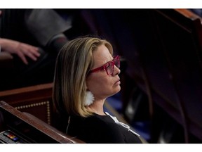 Senator Kyrsten Sinema, a Democrat from Arizona, attends the State of the Union address by U.S. President Joe Biden at the U.S. Capitol in Washington, D.C., U.S., on Tuesday, March 1, 2022. Biden's first State of the Union address comes against the backdrop of Russia's invasion of Ukraine and the subsequent sanctions placed on Russia by the U.S. and its allies.