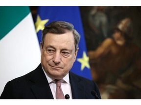 Mario Draghi, Italy's prime minister, during a news conference following his meeting with Fumio Kishida, Japan's prime minister, at the Chigi Palace in Rome, Italy, on Wednesday, May 4, 2022. Russia has barred 63 citizens of Japan, including Kishida, some government officials, lawmakers and journalists from entry, the Russian Foreign Ministry said in a statement on its website.