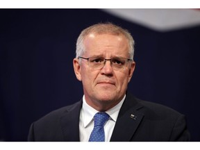 Australian Prime Minister Scott Morrison at the National Liberal Coalition election night in Sydney, Australia, Saturday, May 21, 2022. Australia's Labor Party is set to take power for the first time since 2013 as voters kicked out Morrison's Conservative government in a shift likely to bring greater action on climate change and a national anti-corruption body.