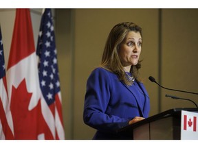 Chrystia Freeland, Canada's deputy prime minister and finance minister, speaks during a joint news conference with Janet Yellen, US Treasury secretary, in Toronto, Ontario, Canada, on Monday, June 20, 2022. Yellen said the US should work on shifting its dependence away from some rival nations for supplies of critical inputs as global supply-chain logjams have hurt the domestic economy.