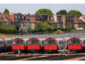 Stationary London tube trains during a strike by tube workers, at the London Underground Northfields Depot, in London, UK, on Tuesday, June 21, 2022. UK rail workers began Britain's biggest rail strike in three decades on Tuesday after unions rejected a last-minute offer from train companies, bringing services nationwide to a near standstill.
