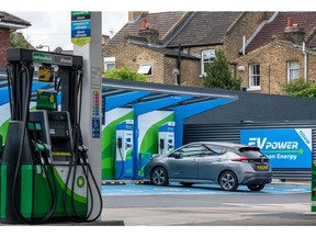 A BP Plc petrol station forecourt with fuel pumps and plug-in electric vehicle charging points in London, UK, on Monday, Aug. 1, 2022. BP will report earnings tomorrow.