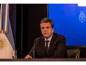 Sergio Massa, Argentina's economy minister, during a press conference at the Economy Ministry building in Buenos Aires, Argentina, on Wednesday, Aug. 3, 2022. New Economy Minister Massa is preparing a set of measures to address one of Argentina's key problems: a chronic shortage of dollars that has caused the US currency to soar in parallel exchange markets.