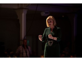 Liz Truss, UK foreign secretary, speaks during the Conservative Party leadership hustings in Eastbourne, UK, on Friday, Aug. 5, 2022. The job of picking the ruling Conservative Party leader and British prime minister falls to about 175,000 grassroots Tory party members.