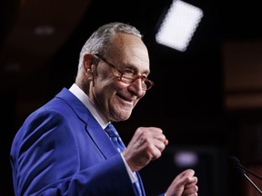 Senate Majority Leader Chuck Schumer, a Democrat from New York, speaks during a press conference on Capitol Hill in Washington, D.C., US, on Sunday, Aug. 7, 2022. The Senate passed a landmark tax, climate and health-care bill, speeding a slimmed-down version of President Joe Biden's domestic agenda on a path to becoming law after a year of Democratic infighting that the White House was unable to control.
