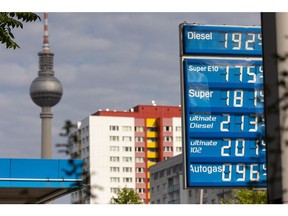 A fuel price sign at a gas station in central Berlin on Aug. 9.