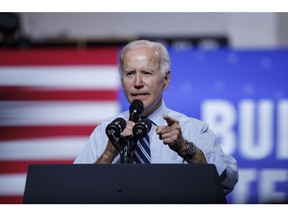 US President Joe Biden speaks during a rally for the Democratic National Committee (DNC) in Rockville, Maryland, US, on Thursday, Aug. 25, 2022. Biden cast Republican congressional candidates as committed to "destroying America" and said he had no respect for adherents of former President Donald Trump, as he kicked off his midterm campaign effort with a rally in suburban Maryland.