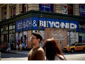 Signage outside a Bed Bath & Beyond retail store in New York, US, on Thursday, Aug. 25, 2022. Bed Bath & Beyond Inc. is looking to mortgage its prized Buybuy Baby brand in its urgent effort to raise financing as sales slump, cash runs low and unpaid vendors withhold shipments.