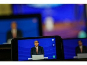 Mukesh Ambani, chairman and managing director of the Reliance Industries Ltd., speaks via live stream during the annual general meeting in Mumbai, India, on Monday, Aug. 29, 2022. Reliance will invest 2 trillion rupees ($25 billion) to roll out its 5G services in October across the largest Indian cities, its billionaire-chairman Mukesh Ambani said as he continues to expand and diversify the $221 billion empire.
