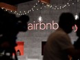 The Airbnb logo displayed during a press conference in Tokyo, in 2018.