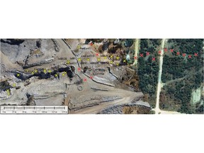 Figure 1: Map of Program Area The aerial photo shows the area where mining and stripping have already occurred. A yellow "x" represents holes completed, both reported and those for which results are still pending and red "x" represents planned holes to be drilled.