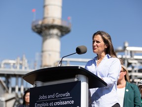 Chrystia Freeland spricht nach der Besichtigung einer Wasserstoffproduktionsanlage in Alberta.