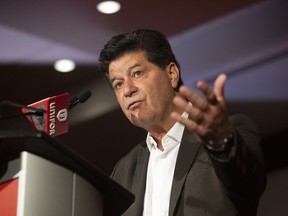 Former Unifor President Jerry Dias takes a question from a journalist after announcing a three-year labour agreement with the Ford Motor Company at a news conference in Toronto on Tuesday, September 22, 2020.