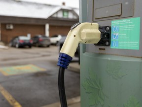 An electric vehicle charging centre in London, Ont.