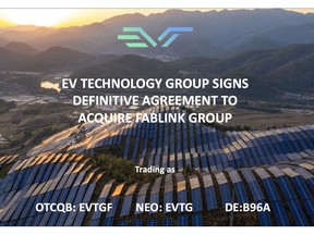 EV TECHNOLOGY GROUP ANNOUNCES AGREEMENT TO ACQUIRE UP TO 100% OF FABLINK GROUP, SPEARHEADING FUTURE GLOBAL GROWTH