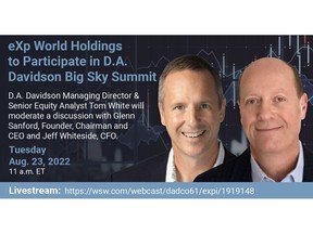 eXp Founder and CEO Glenn Sanford and CFO Jeff Whiteside Will Take Part in a Fireside Chat on Tuesday, August 23