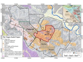 Geological map of the 3-licence, 216 km2 Viogor Zanik project cluster in eastern Bosnia with the Cumavici prospect/licence in its NW sector. The Sase mine (Mineco Ltd.) producing 330,000 tpa of Pb-Zn-Ag concentrate is located at the centre of Terra Balcanica's exploration portfolio.