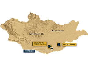 Location of Red Mountain in the South Gobi region of Mongolia.
