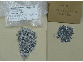 Non-magnetic (left) and magnetic (right) products on HLS sink (2.85 SG) following -6.3 mm crush. Non-magnetic concentrate grades 6.23% Li2O and 0.66% Fe2O3
