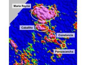 Radiometric map analyzing potential mineralized porphyry systems in the region indicates that the potential size of the anomaly at Maria Reyna and Caballito could be larger than the Constancia and Pampacancha deposits.