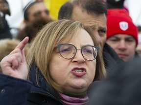 Lana Payne speaks during a rally on the picket line outside the Co-op Refinery in Regina in early 2020. Unifor says Payne has been elected as the new president of Canada's largest private sector union, the first woman to hold the position.