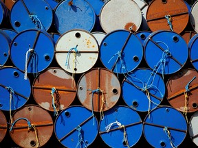 Oil barrels at the site of Canadian group Vermilion Energy Inc. in Parentis-en-Born, France.