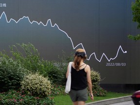 A pedestrian walks past a giant display showing a stock graph, in Shanghai, China.
