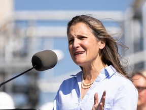 Deputy Prime Minister Chrystia Freeland at a media conference in Sherwood Park.