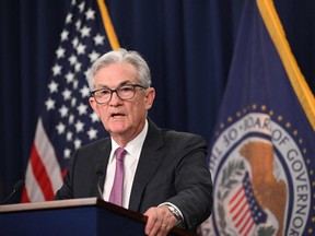 Der Vorstandsvorsitzende der US-Notenbank, Jerome Powell, spricht während einer Pressekonferenz in Washington, DC.