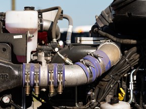 The engine of a natural gas fuelled transport truck at the ATCO Natural Gas Refueling Station at Edmonton International Airport in Nisku.