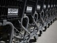 Shopping carts stand lined up in front of a Bed Bath & Beyond Inc. store in Fort Lauderdale, Florida.