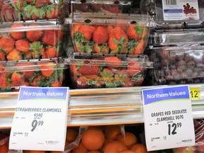 Strawberries, grapes and other produce items at the Northern in Fort Chipewyan, Alberta.