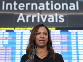 Deborah Flint, President and Chief Executive Officer of the Greater Toronto Airports Authority (GTAA) provides a progress update at Toronto Pearson Airport in Toronto on Friday, August 5, 2022.
