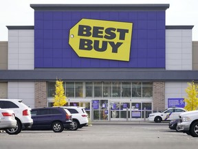 FILE - Shown is a Best Buy location in Philadelphia, Wednesday, Nov. 17, 2021. Best Buy posted declines in fiscal 2022 second quarter profits and sales as the nation's largest consumer electronics chain struggled with weakening consumer demand for gadgets and high costs that rippled through its supply chain. But the results, announced on Tuesday, Aug. 30, 2022, were above expectations. That pushed shares up nearly 3% higher in premarket trading.
