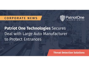 Patriot One Technologies Secures Deal with Large Auto Manufacturer to Protect Entrances