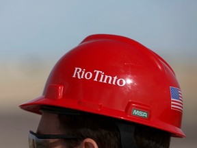 The Rio Tinto logo is displayed on a visitor's helmet at a mine in California.