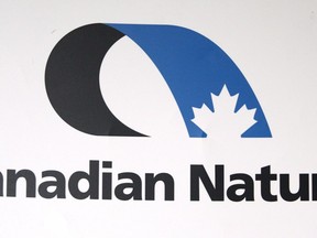 Canadian Natural Resources Ltd., logo is shown at the company's annual meeting in Calgary on May 3, 2012.