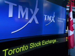 TMX Group Inc. signage is displayed on a screen in the broadcast center of the Toronto Stock Exchange (TSX) in Toronto.
