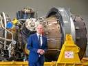 Olaf Scholz, chancellor of Germany, stands in front of the Nord Stream 1 pipeline natural gas turbine, which was serviced in Canada. Scholz said Wednesday that “there is nothing preventing (the turbine) from being transported to Russia.”