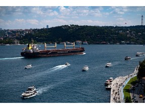 Malta-flagged bulk carrier M/V Rojen carrying tons of grain from Ukraine sails along the Bosphorus Strait in Istanbul on August 7, 2022. Photographer: Yasin Akgul/AFP/Getty Images