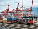 A CN Rail train loads containers at the Port of Vancouver in June. 