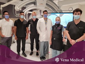 From left, Jon Collier, Adam Karamath, Michael Phillips, Dr. Michael Mayich, Elizabeth Cesarin, and Phillip Cooper following the First-In-Human use of the Vena Balloon Distal Access Catheter at LHSC.