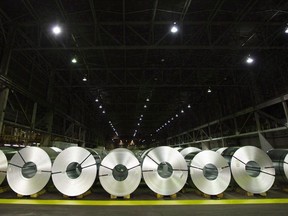 Rolls of coiled coated steel are shown at Stelco in Hamilton, Ont. on June 29, 2018.