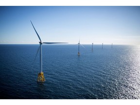 The GE-Alstom Block Island Wind Farm stands in the water off Block Island, Rhode Island, U.S., on Wednesday, Sept, 14, 2016. The installation of five 6-megawatt offshore-wind turbines at the Block Island project gives turbine supplier GE-Alstom first-mover advantage in the U.S. over its rivals Siemens and MHI-Vestas. Photographer: Eric Thayer/Bloomberg