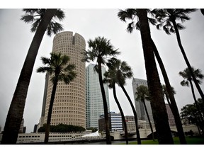 Office buildings stand in downtown Tampa, Florida, U.S., as the eye of the storm moved over the lower Florida Keys on Sunday, Sept. 10, 2017. Photographer: Daniel Acker/Bloomberg