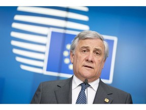 Antonio Tajani, president of the European Parliament, speaks during a news conference during a European Union leaders summit in the Europa building in Brussels, Belgium, on Wednesday, April 10, 2019. At a crisis summit today, EU leaders will probably deny U.K. Prime Minister Theresa May the short Brexit extension she was seeking and instead force a delay of as long as a year.