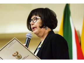 Barbara Creecy, South Africa's environment, forestry and fisheries minister, speaks during a swearing-in ceremony in Pretoria, South Africa, on Thursday, May 30, 2019. Now that South Africa's cabinet has been announced, the rand may join its emerging-market peers in being whipsawed by a trade war that has subdued markets worldwide. Photographer: Waldo Swiegers/Bloomberg