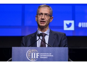 Pablo Hernandez de Cos, governor of Spain's central bank, speaks during the Institute of International Finance (IIF) annual membership meeting in Washington, D.C., U.S., on Thursday, Oct. 17, 2019. The meeting explores the latest issues facing the financial services industry and global economy today.